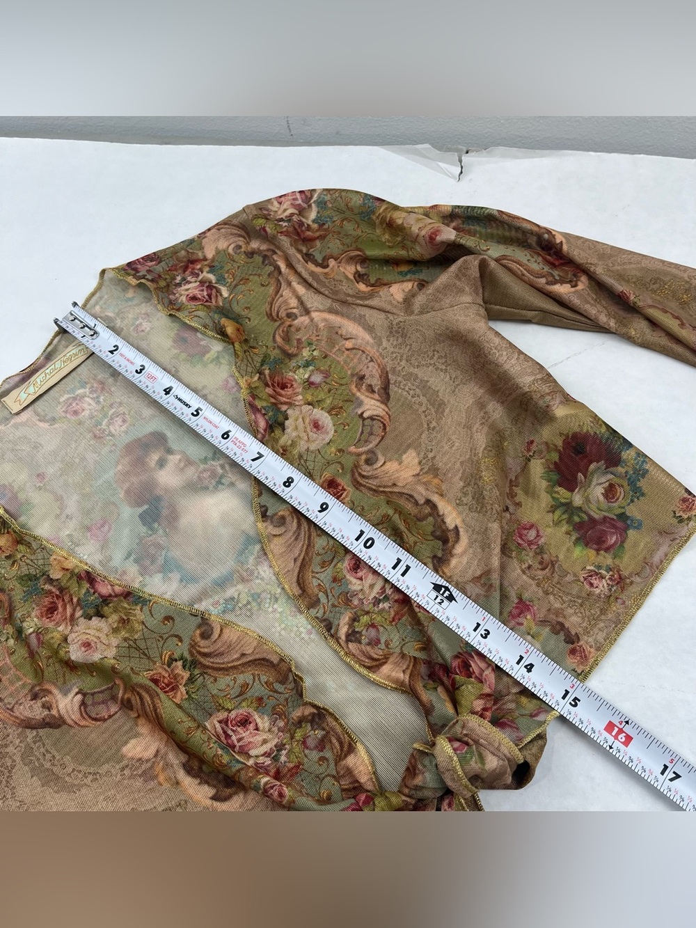 Michal Negrin Floral Portrait Sheer Mesh Bolero Top Sz M Made Israel Victorian - Picture 9 of 11